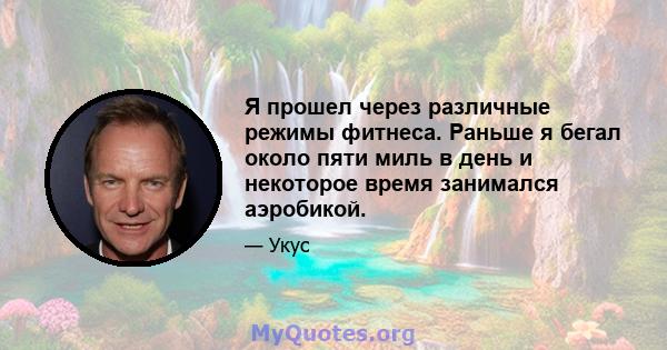 Я прошел через различные режимы фитнеса. Раньше я бегал около пяти миль в день и некоторое время занимался аэробикой.