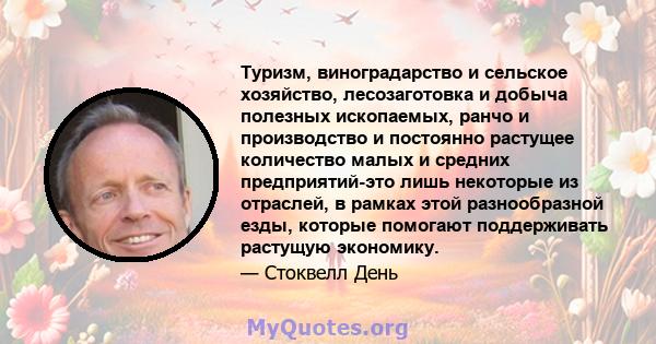 Туризм, виноградарство и сельское хозяйство, лесозаготовка и добыча полезных ископаемых, ранчо и производство и постоянно растущее количество малых и средних предприятий-это лишь некоторые из отраслей, в рамках этой