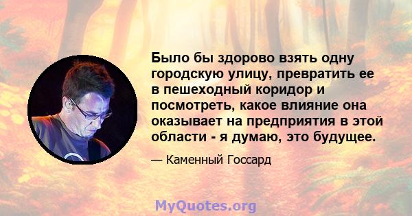 Было бы здорово взять одну городскую улицу, превратить ее в пешеходный коридор и посмотреть, какое влияние она оказывает на предприятия в этой области - я думаю, это будущее.