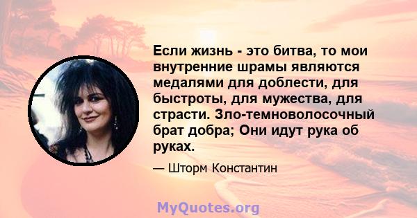 Если жизнь - это битва, то мои внутренние шрамы являются медалями для доблести, для быстроты, для мужества, для страсти. Зло-темноволосочный брат добра; Они идут рука об руках.