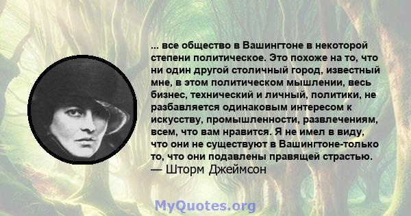 ... все общество в Вашингтоне в некоторой степени политическое. Это похоже на то, что ни один другой столичный город, известный мне, в этом политическом мышлении, весь бизнес, технический и личный, политики, не