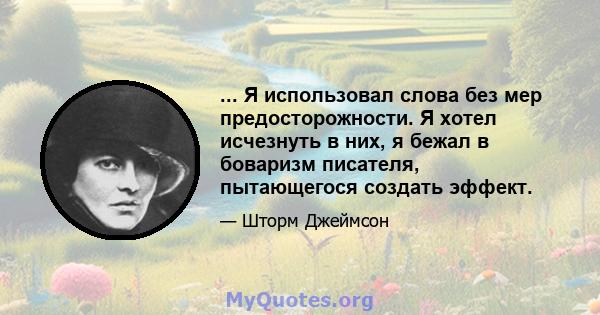 ... Я использовал слова без мер предосторожности. Я хотел исчезнуть в них, я бежал в боваризм писателя, пытающегося создать эффект.