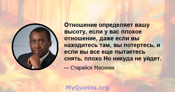 Отношение определяет вашу высоту, если у вас плохое отношение, даже если вы находитесь там, вы потертесь, и если вы все еще пытаетесь снять, плохо Но никуда не уйдет.