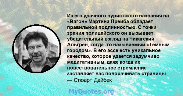 Из его удачного нуристского названия на «Вагон» Мартина Прейба обладает правильной подлинностью. С точки зрения полицейского он вызывает убедительный взгляд на Чикагский Альгрен, когда -то называемый «Темным городом». В 