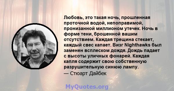 Любовь, это такая ночь, прошленная проточной водой, непоправимой, пронизанной миллионом утечек. Ночь в форме тени, брошенной вашим отсутствием. Каждая трещина стекает, каждый свес капает. Визг Nighthawks был заменен