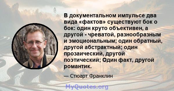 В документальном импульсе два вида «фактов» существуют бок о бок: один круто объективен, а другой - чреватой, разнообразным и эмоциональным; один обратный, другой абстрактный; один прозаический, другой поэтический; Один 