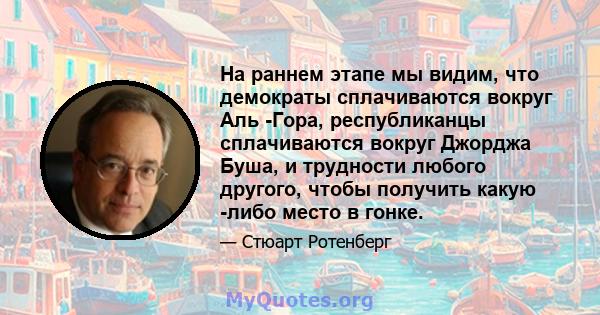 На раннем этапе мы видим, что демократы сплачиваются вокруг Аль -Гора, республиканцы сплачиваются вокруг Джорджа Буша, и трудности любого другого, чтобы получить какую -либо место в гонке.