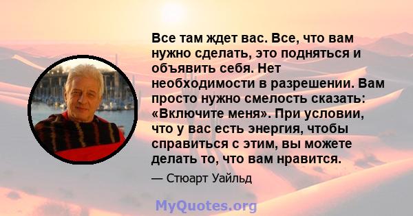 Все там ждет вас. Все, что вам нужно сделать, это подняться и объявить себя. Нет необходимости в разрешении. Вам просто нужно смелость сказать: «Включите меня». При условии, что у вас есть энергия, чтобы справиться с