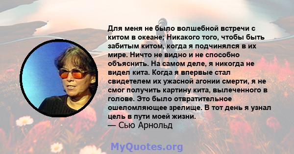 Для меня не было волшебной встречи с китом в океане; Никакого того, чтобы быть забитым китом, когда я подчинялся в их мире. Ничто не видно и не способно объяснить. На самом деле, я никогда не видел кита. Когда я впервые 