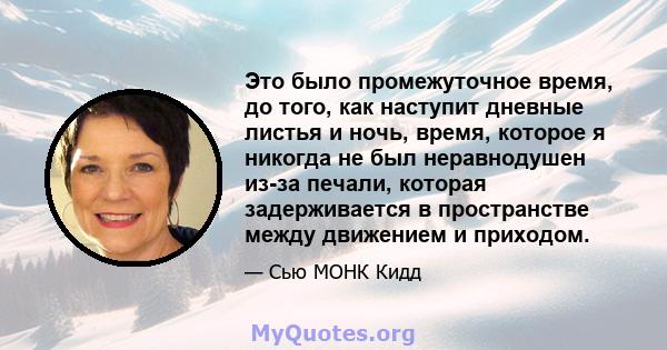 Это было промежуточное время, до того, как наступит дневные листья и ночь, время, которое я никогда не был неравнодушен из-за печали, которая задерживается в пространстве между движением и приходом.