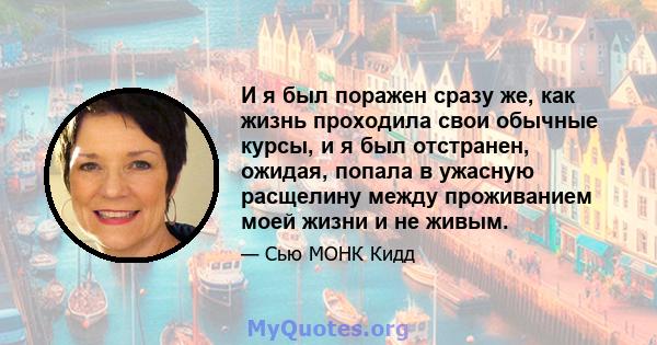 И я был поражен сразу же, как жизнь проходила свои обычные курсы, и я был отстранен, ожидая, попала в ужасную расщелину между проживанием моей жизни и не живым.