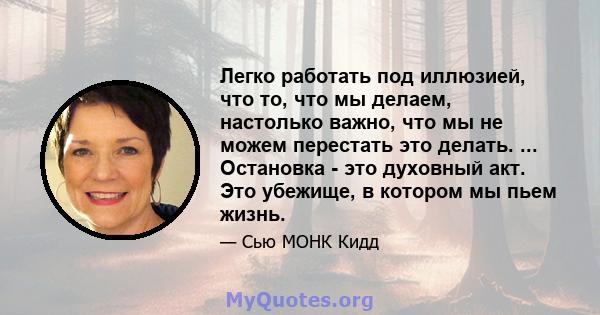 Легко работать под иллюзией, что то, что мы делаем, настолько важно, что мы не можем перестать это делать. ... Остановка - это духовный акт. Это убежище, в котором мы пьем жизнь.