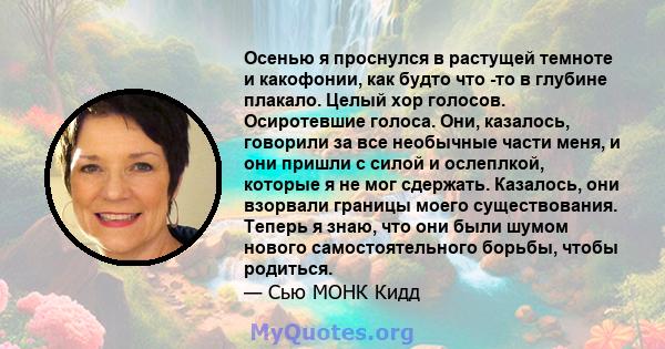 Осенью я проснулся в растущей темноте и какофонии, как будто что -то в глубине плакало. Целый хор голосов. Осиротевшие голоса. Они, казалось, говорили за все необычные части меня, и они пришли с силой и ослеплкой,