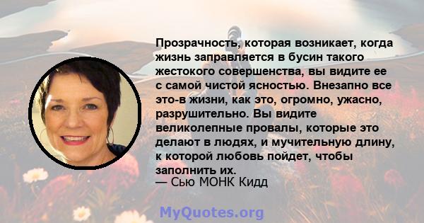 Прозрачность, которая возникает, когда жизнь заправляется в бусин такого жестокого совершенства, вы видите ее с самой чистой ясностью. Внезапно все это-в жизни, как это, огромно, ужасно, разрушительно. Вы видите