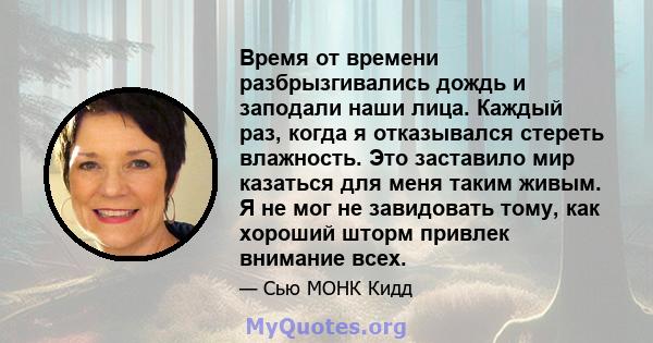 Время от времени разбрызгивались дождь и заподали наши лица. Каждый раз, когда я отказывался стереть влажность. Это заставило мир казаться для меня таким живым. Я не мог не завидовать тому, как хороший шторм привлек