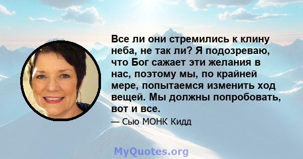 Все ли они стремились к клину неба, не так ли? Я подозреваю, что Бог сажает эти желания в нас, поэтому мы, по крайней мере, попытаемся изменить ход вещей. Мы должны попробовать, вот и все.