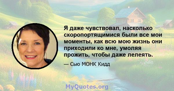 Я даже чувствовал, насколько скоропортящимися были все мои моменты, как всю мою жизнь они приходили ко мне, умоляя прожить, чтобы даже лелеять.