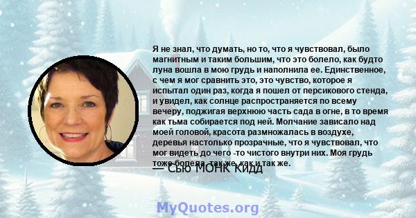 Я не знал, что думать, но то, что я чувствовал, было магнитным и таким большим, что это болело, как будто луна вошла в мою грудь и наполнила ее. Единственное, с чем я мог сравнить это, это чувство, которое я испытал