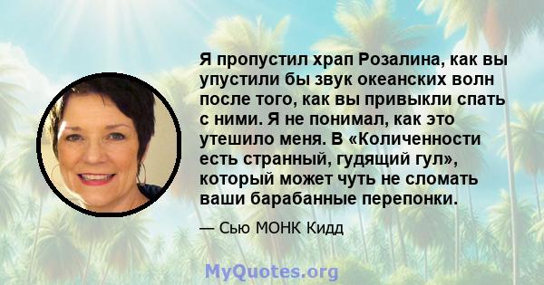 Я пропустил храп Розалина, как вы упустили бы звук океанских волн после того, как вы привыкли спать с ними. Я не понимал, как это утешило меня. В «Количенности есть странный, гудящий гул», который может чуть не сломать