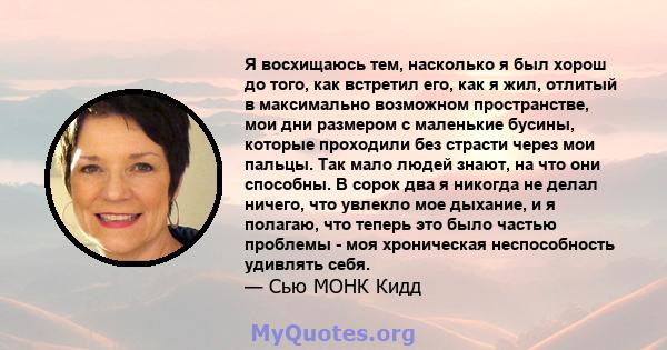 Я восхищаюсь тем, насколько я был хорош до того, как встретил его, как я жил, отлитый в максимально возможном пространстве, мои дни размером с маленькие бусины, которые проходили без страсти через мои пальцы. Так мало