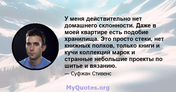 У меня действительно нет домашнего склонности. Даже в моей квартире есть подобие хранилища. Это просто стеки, нет книжных полков, только книги и кучи коллекций марок и странные небольшие проекты по шитье и вязанию.