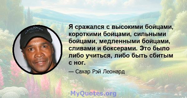 Я сражался с высокими бойцами, короткими бойцами, сильными бойцами, медленными бойцами, сливами и боксерами. Это было либо учиться, либо быть сбитым с ног.