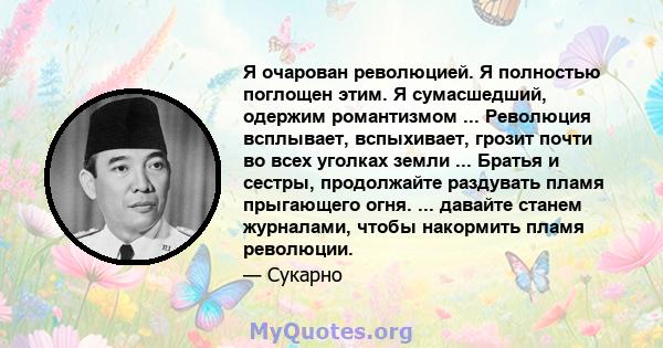 Я очарован революцией. Я полностью поглощен этим. Я сумасшедший, одержим романтизмом ... Революция всплывает, вспыхивает, грозит почти во всех уголках земли ... Братья и сестры, продолжайте раздувать пламя прыгающего