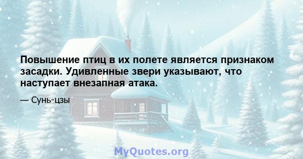 Повышение птиц в их полете является признаком засадки. Удивленные звери указывают, что наступает внезапная атака.