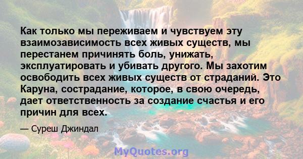 Как только мы переживаем и чувствуем эту взаимозависимость всех живых существ, мы перестанем причинять боль, унижать, эксплуатировать и убивать другого. Мы захотим освободить всех живых существ от страданий. Это Каруна, 