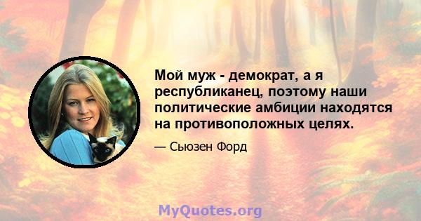 Мой муж - демократ, а я республиканец, поэтому наши политические амбиции находятся на противоположных целях.