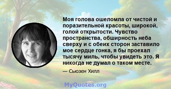 Моя голова ошеломла от чистой и поразительной красоты, широкой, голой открытости. Чувство пространства, обширность неба сверху и с обеих сторон заставило мое сердце гонка, я бы проехал тысячу миль, чтобы увидеть это. Я