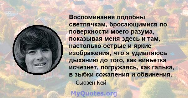 Воспоминания подобны светлячкам, бросающимися по поверхности моего разума, показывая меня здесь и там, настолько острые и яркие изображения, что я удивляюсь дыханию до того, как виньетка исчезнет, ​​погружаясь, как