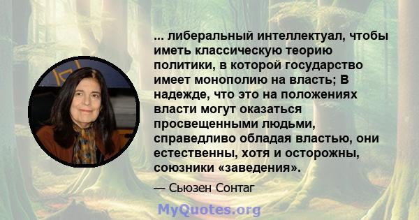 ... либеральный интеллектуал, чтобы иметь классическую теорию политики, в которой государство имеет монополию на власть; В надежде, что это на положениях власти могут оказаться просвещенными людьми, справедливо обладая