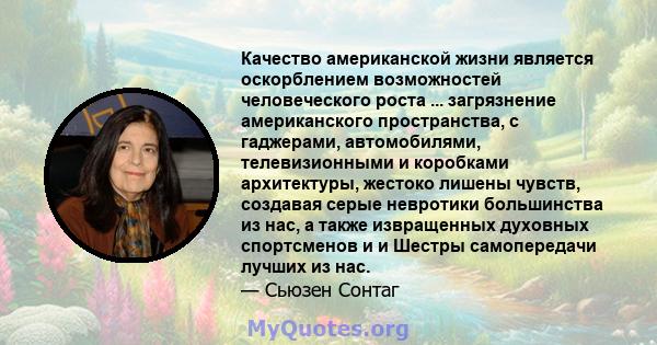 Качество американской жизни является оскорблением возможностей человеческого роста ... загрязнение американского пространства, с гаджерами, автомобилями, телевизионными и коробками архитектуры, жестоко лишены чувств,