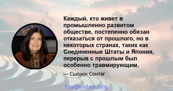 Каждый, кто живет в промышленно развитом обществе, постепенно обязан отказаться от прошлого, но в некоторых странах, таких как Соединенные Штаты и Япония, перерыв с прошлым был особенно травмирующим.