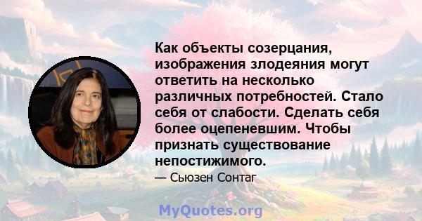 Как объекты созерцания, изображения злодеяния могут ответить на несколько различных потребностей. Стало себя от слабости. Сделать себя более оцепеневшим. Чтобы признать существование непостижимого.