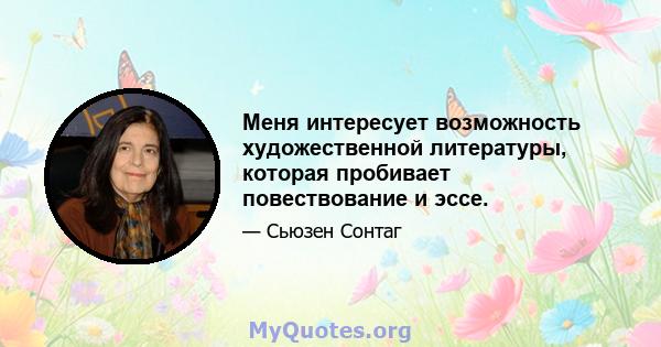 Меня интересует возможность художественной литературы, которая пробивает повествование и эссе.