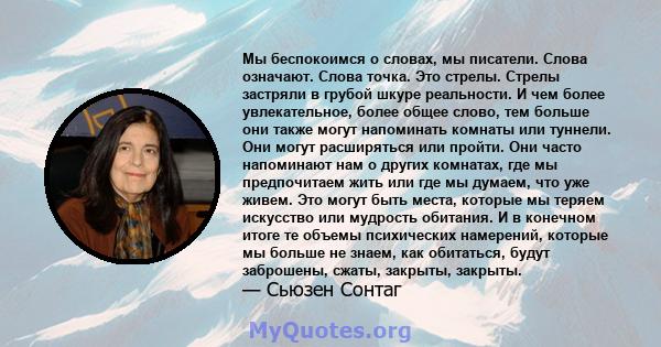 Мы беспокоимся о словах, мы писатели. Слова означают. Слова точка. Это стрелы. Стрелы застряли в грубой шкуре реальности. И чем более увлекательное, более общее слово, тем больше они также могут напоминать комнаты или