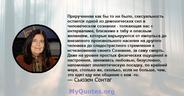 Прирученная как бы то ни было, сексуальность остается одной из демонических сил в человеческом сознании - толкающая нас с интервалами, близкими к табу и опасным желаниям, которые варьируются от импульса до внезапного