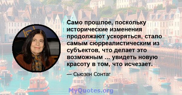 Само прошлое, поскольку исторические изменения продолжают ускоряться, стало самым сюрреалистическим из субъектов, что делает это возможным ... увидеть новую красоту в том, что исчезает.