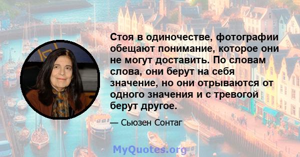 Стоя в одиночестве, фотографии обещают понимание, которое они не могут доставить. По словам слова, они берут на себя значение, но они отрываются от одного значения и с тревогой берут другое.