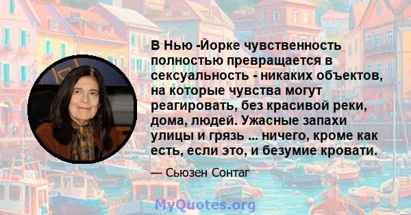 В Нью -Йорке чувственность полностью превращается в сексуальность - никаких объектов, на которые чувства могут реагировать, без красивой реки, дома, людей. Ужасные запахи улицы и грязь ... ничего, кроме как есть, если