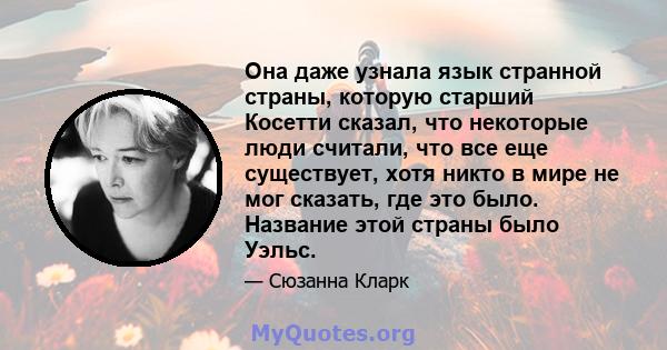 Она даже узнала язык странной страны, которую старший Косетти сказал, что некоторые люди считали, что все еще существует, хотя никто в мире не мог сказать, где это было. Название этой страны было Уэльс.