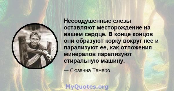 Несоодушенные слезы оставляют месторождение на вашем сердце. В конце концов они образуют корку вокруг нее и парализуют ее, как отложения минералов парализуют стиральную машину.