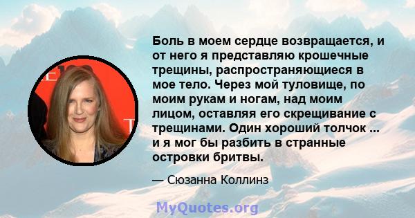 Боль в моем сердце возвращается, и от него я представляю крошечные трещины, распространяющиеся в мое тело. Через мой туловище, по моим рукам и ногам, над моим лицом, оставляя его скрещивание с трещинами. Один хороший