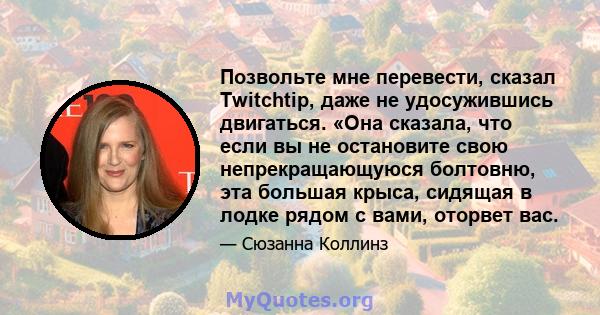 Позвольте мне перевести, сказал Twitchtip, даже не удосужившись двигаться. «Она сказала, что если вы не остановите свою непрекращающуюся болтовню, эта большая крыса, сидящая в лодке рядом с вами, оторвет вас.