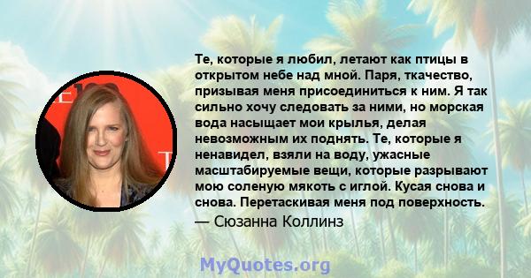 Те, которые я любил, летают как птицы в открытом небе над мной. Паря, ткачество, призывая меня присоединиться к ним. Я так сильно хочу следовать за ними, но морская вода насыщает мои крылья, делая невозможным их