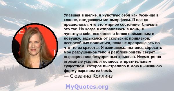 Упавшая в шелке, я чувствую себя как гусеница в коконе, ожидающем метаморфозы. Я всегда предполагал, что это мирное состояние. Сначала это так. Но когда я отправляюсь в ночь, я чувствую себя все более и более пойманным