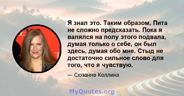 Я знал это. Таким образом, Пита не сложно предсказать. Пока я валялся на полу этого подвала, думая только о себе, он был здесь, думая обо мне. Стыд не достаточно сильное слово для того, что я чувствую.