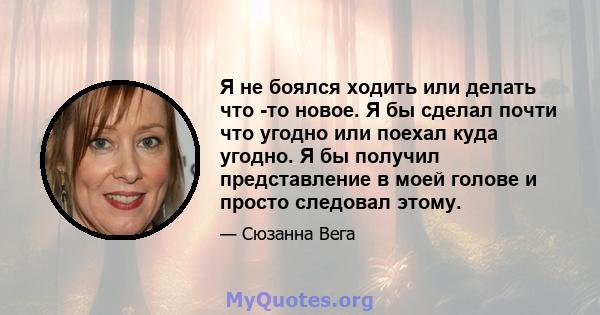 Я не боялся ходить или делать что -то новое. Я бы сделал почти что угодно или поехал куда угодно. Я бы получил представление в моей голове и просто следовал этому.